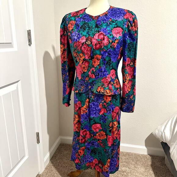 VTG Adrianna Papell 100% Silk Floral Skirt Suit Size 8 Bloomcore Career Colorful - Picture 4 of 10